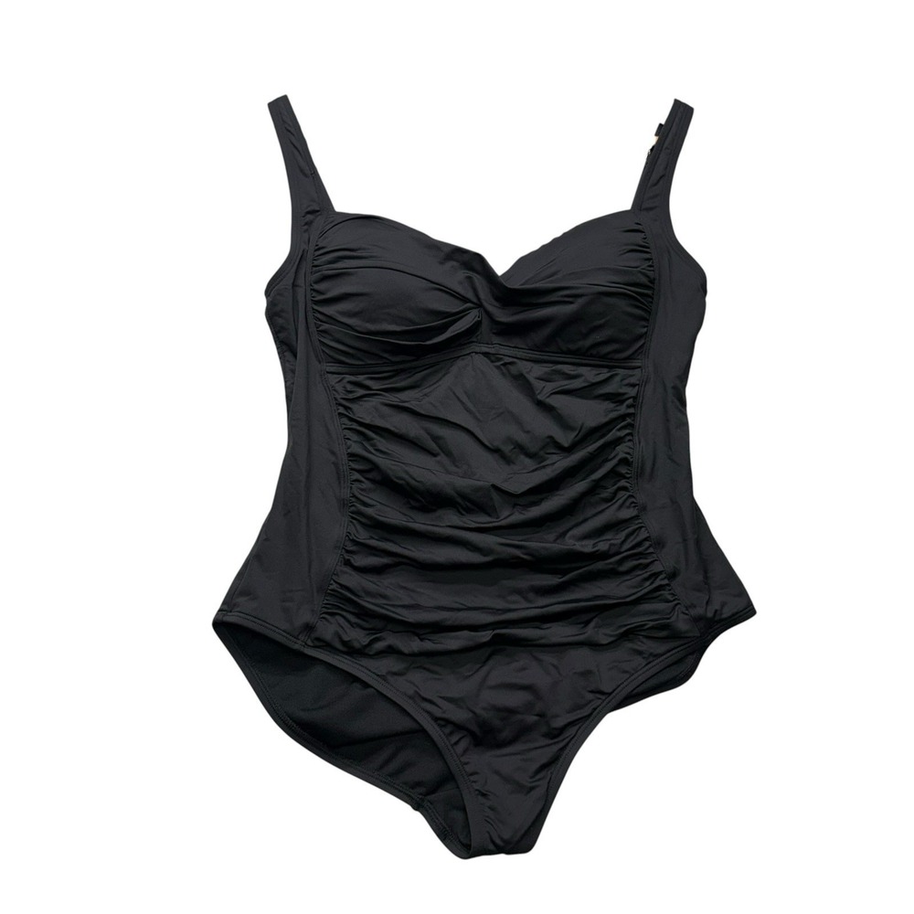 Liz Claiborne Womens Swimsuit 12 Black One Piece Swim Ruched Slimming Modest